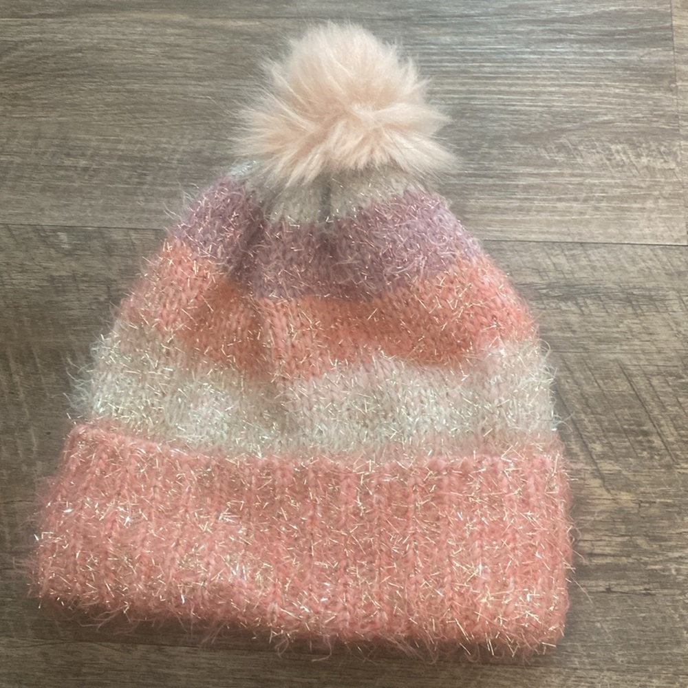 NWT Children’s Place pink multicolored striped tinsel toboggan with furry pompom